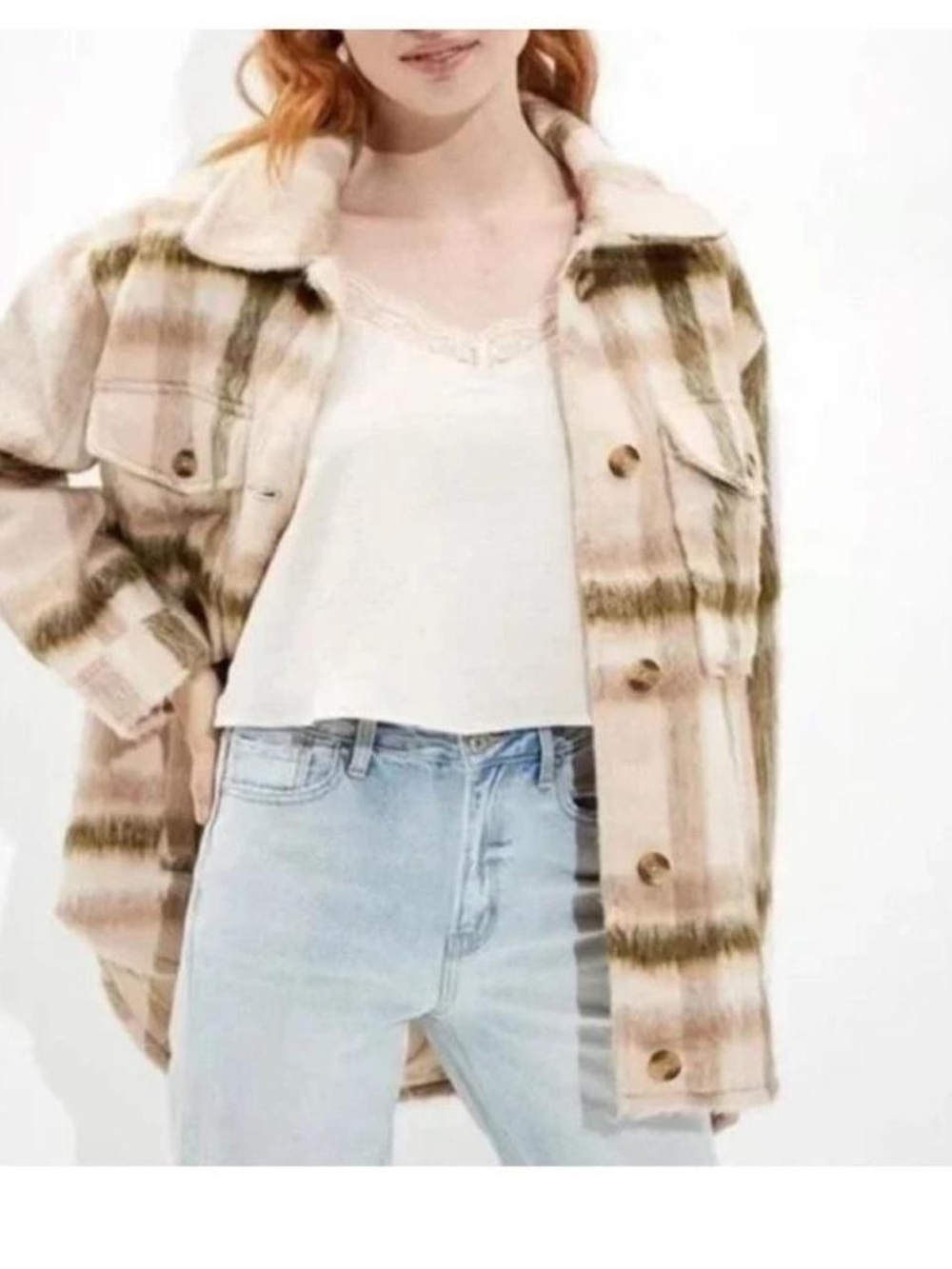 AE Plaid Shacket Jacket in Beige and Olive - Women's Cozy Layer